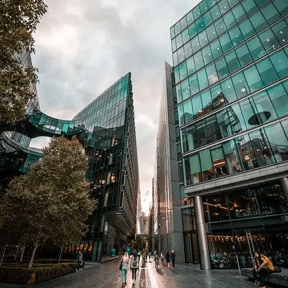 Modern corporate buildings representing AmeriTrust's growth and professional evolution